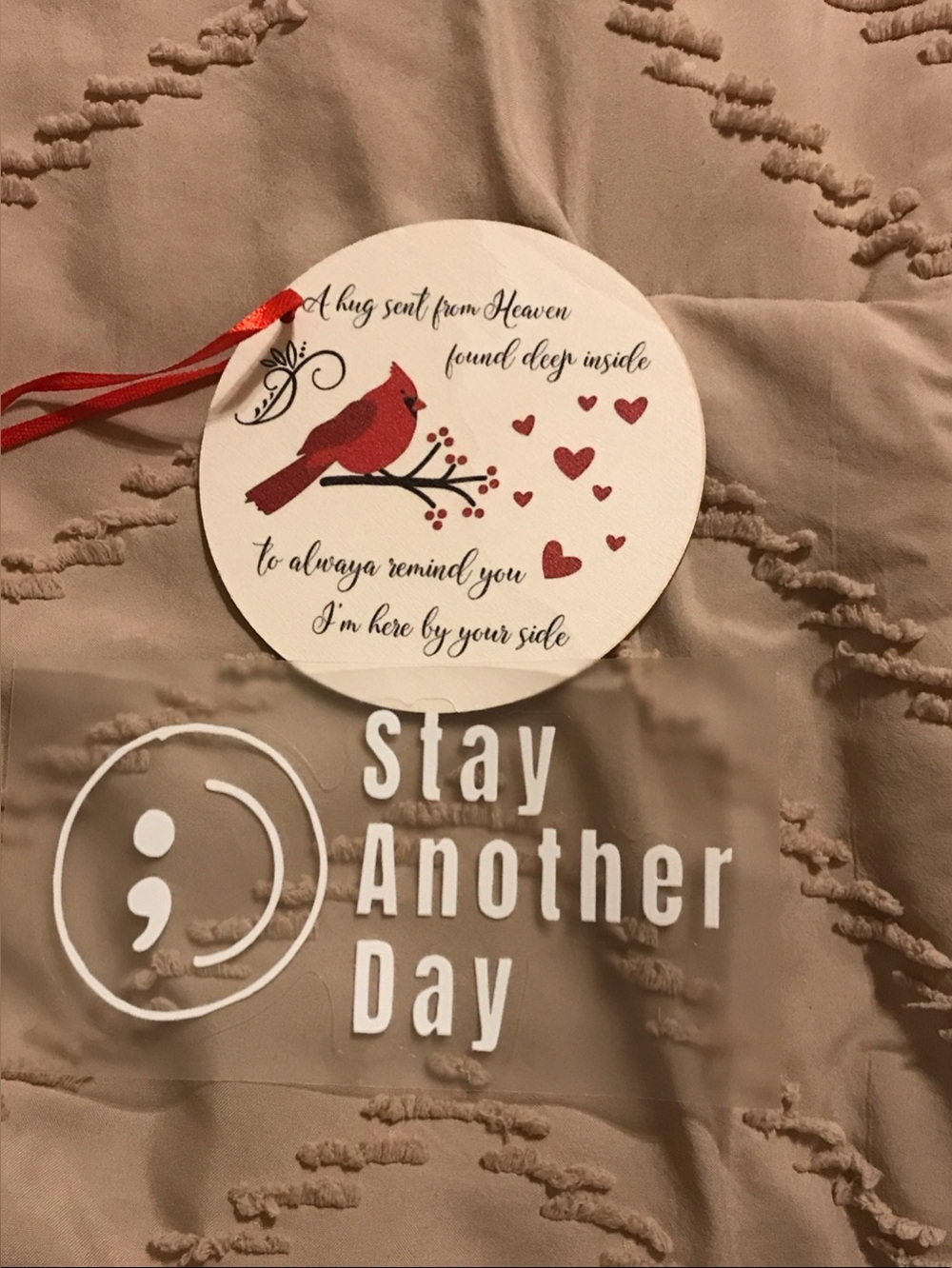 Red Cardinal Round Ornament with 'Stay Another Day' Window Cling